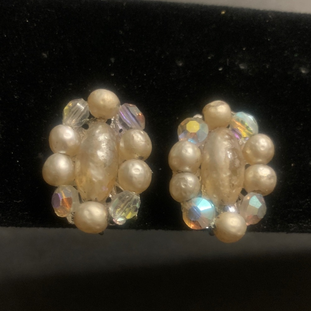 Vintage Aurora Borealis oval clip earrings